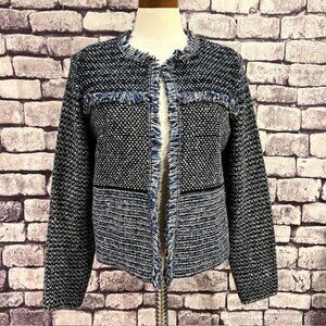 Chico's Knit Black, Blue & Gray Long Sleeve No Close Jacket Size M